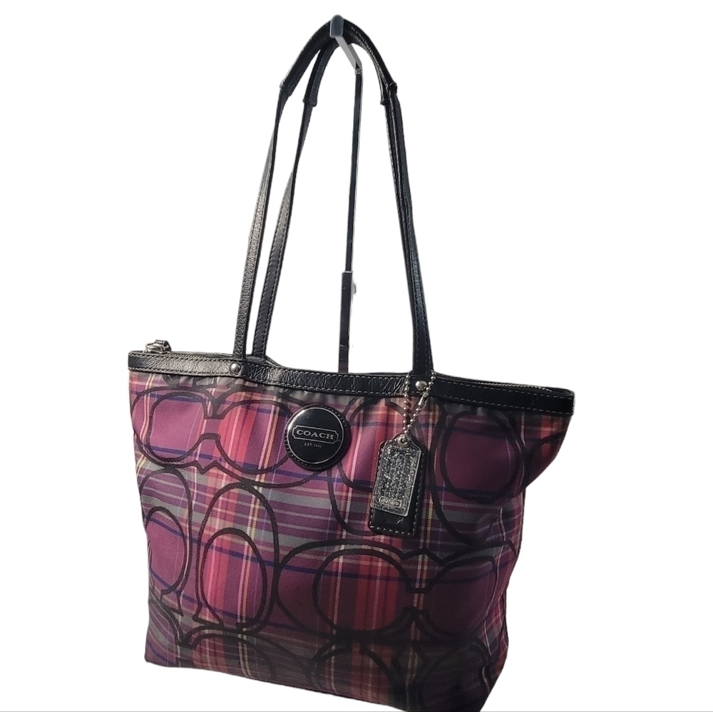Coach Poppy Tartan Plaid Large C Tote/ Shoulder Bag